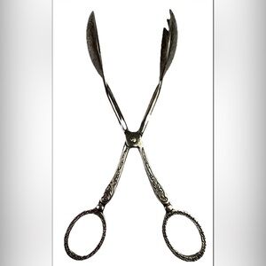 Vintage E.P. Zinc Salad Scissor Tongs Silver Plated Floral Ornate Pattern Round